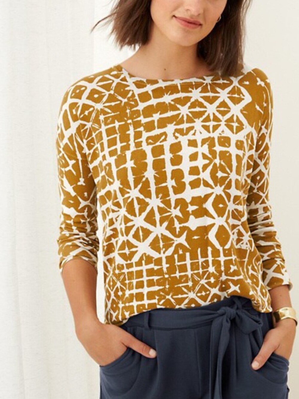 Garnet Hill Silk Cotton Boxy Women's Sweater Large Mustard Batik Geometric Knit
